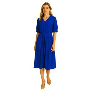 NWT, DKNY Blue Short Sleeve Tiered Midi Dress Size 4 With Belt